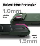iPhone Air Case | Onyx Magnetic - Dark green phone case showing 1.0mm camera edge and 1.5mm raised screen bezel protection.