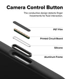 iPhone Air Case | Silicone Magnetic - Exploded view of a phone case camera button showing PET, PCB, silicone, and frame.