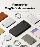 iPhone Air Case | Silicone Magnetic - Black phone case surrounded by various MagSafe accessories on a light background.