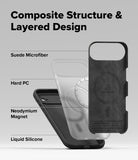 iPhone Air Case | Silicone Magnetic - Exploded view showing suede, hard PC, magnet, and silicone layers of a phone case.