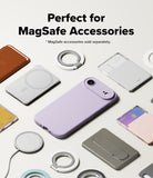 iPhone Air Case | Silicone Magnetic - A lavender phone case surrounded by various MagSafe accessories on a white surface.