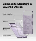 iPhone Air Case | Silicone Magnetic - Exploded view showing suede, hard PC, magnet, and silicone layers of the phone case.