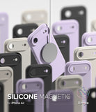 iPhone Air Case | Silicone Magnetic - A lavender magnetic phone case suspended by a string among many others in black, white, and lavender.