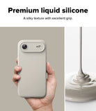 [Bundle] iPhone Air | Silicone Magnetic - Hand holding a beige silicone phone case next to liquid silicone pouring.