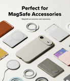 iPhone Air Case | Silicone Magnetic - A beige phone case surrounded by various MagSafe chargers, wallets, and ring holders.