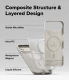 iPhone Air Case | Silicone Magnetic - Exploded view showing suede, hard PC, magnet, and silicone layers of the phone case.