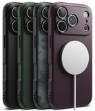 iPhone 18 Pro Max Case | Onyx Magnetic - Three protective phone cases shown from the back in a studio render: a matte black case, a dark green case, and a dark gray carbon-fiber-pattern case with a white MagSafe ring attached. No person, animal, or real environment is present.
