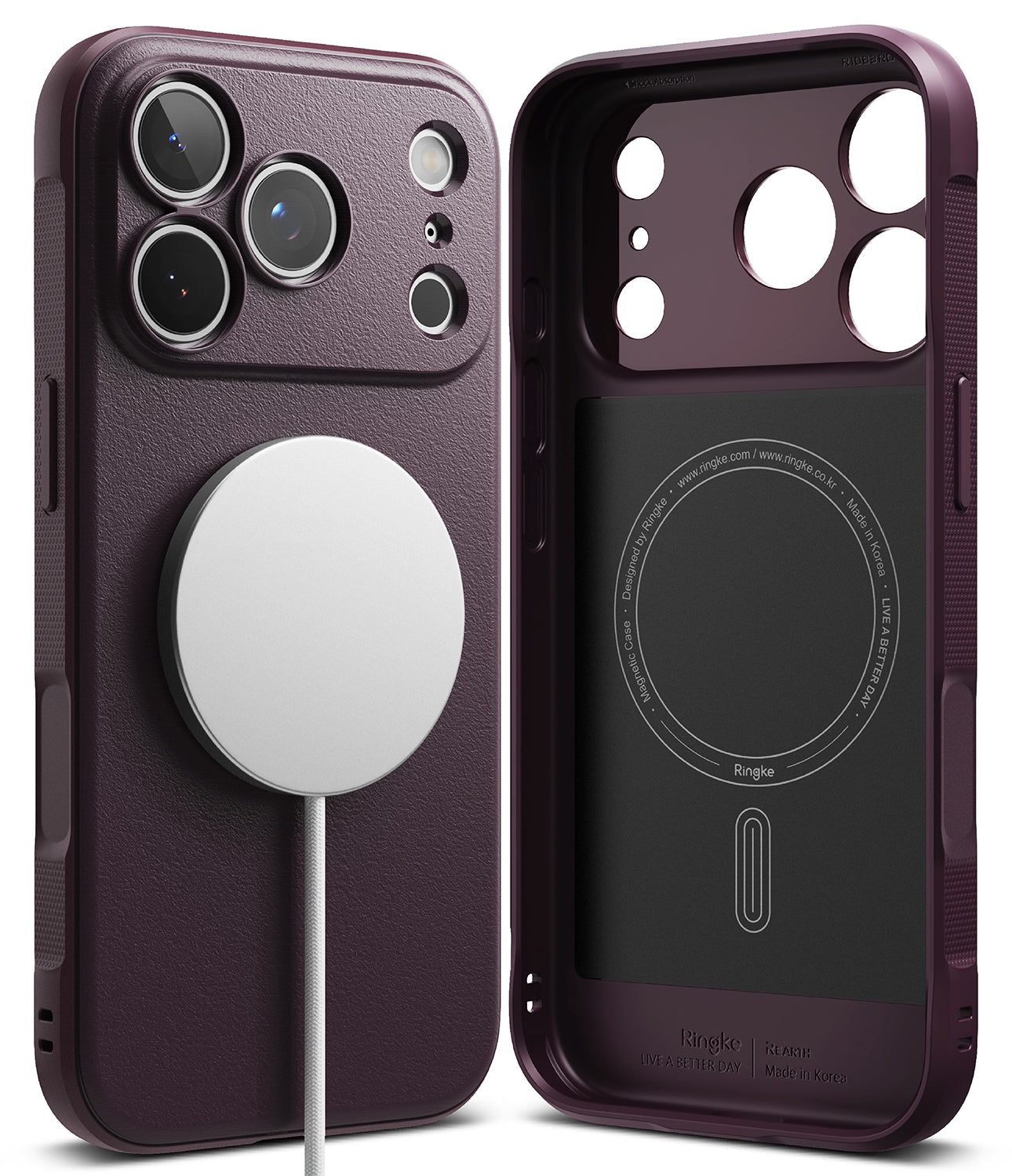 iPhone 18 Pro Max | Onyx Magnetic - Two views of a dark purple MagSafe-compatible phone case on a white background, showing the textured back with a white magnetic ring and the black interior with MagSafe alignment text.