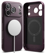 iPhone 18 Pro Max | Onyx Magnetic - Two views of a dark purple MagSafe-compatible phone case on a white background, showing the textured back with a white magnetic ring and the black interior with MagSafe alignment text.