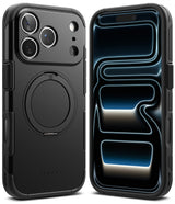 iPhone 17 Pro Max Case | Alles - Black rugged protective case with a circular kickstand, shown from front and back.