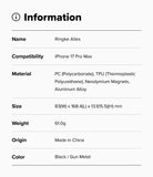 iPhone 17 Pro Max Case | Alles - Information table listing product name, compatibility, materials, size, weight, and color.