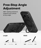 iPhone 17 Pro Max Case | Alles - Two black phone cases with rotating ring kickstands shown at different angles with adjustment diagrams.