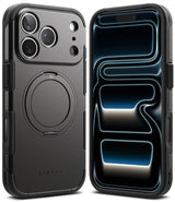 iPhone 17 Pro Max Case | Alles - Matte black rugged phone case with a circular kickstand on the back and a sleek front screen view.