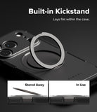 iPhone 17 Pro Max Case | Alles - Black phone case with a circular, integrated kickstand shown in stored and deployed positions.