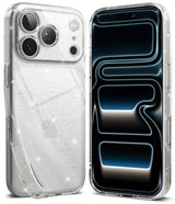 iPhone 17 Pro Max Case | Air - Clear glitter phone case showing back camera layout and front screen with abstract design.