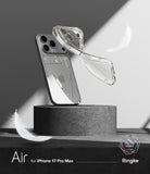 iPhone 17 Pro Max Case | Air - Clear phone case floating above an iPhone 17 Pro Max on a pedestal with white feathers.