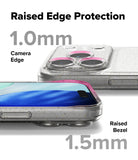 iPhone 17 Pro Max Case | Air - Clear glitter case showing 1.0mm camera edge and 1.5mm screen bezel protection.
