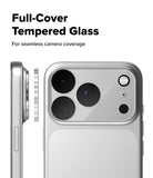 iPhone 17 Pro Max | Camera Glass - Tempered glass protector hovering over a silver smartphone camera module.