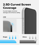 iPhone 17 Pro Max Screen Protector | Easy Slide Tempered Glass - Diagram showing 2.5D curved screen coverage, comparing Ringke durability to others.