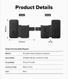 iPhone 17 Pro Max Cover | Folio Grip Wallet Magnetic - Technical diagram showing dimensions, weight, and internal features of the black folio wallet.