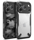 iPhone 17 Pro Max Case | Fusion-X - Two rugged black phone cases, one with camo pattern and one clear, showing camera cutouts.
