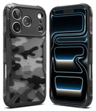iPhone 17 Pro Max Case | Fusion-X - Rugged black phone case with a grey camo back and a front view showing a dark abstract screen.