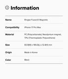 iPhone 17 Pro Max Case | Fusion-X Magnetic - Information table listing product name, compatibility, material, size, origin, and color.
