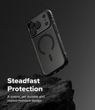 iPhone 17 Pro Max Case | Fusion Bold Magnetic Matte - Matte black phone case floating above a dark, rugged rock.