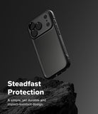 iPhone 17 Pro Max Case | Fusion Bold Matte - Matte black phone case floating above a dark, rugged rock surface.