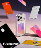 iPhone 17 Pro Max Case | Fusion Card - Clear phone case holding a card, surrounded by floating colorful credit cards.