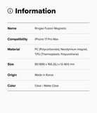 iPhone 17 Pro Max Case | Fusion Magnetic - Information table listing product name, compatibility, material, size, origin, and color.