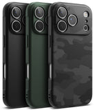iPhone 17 Pro Max Case | Onyx - Three iPhone 17 Pro Max cases in black, green, and black camo textures with camera cutouts.