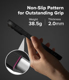 iPhone 17 Pro Max Case | Onyx - Hand holding black phone case with non-slip texture, 38.5g weight, and 2.0mm thickness.