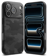 iPhone 17 Pro Max Case | Onyx - Black textured camo phone case shown from back and front with a glowing abstract screen.
