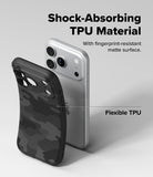 iPhone 17 Pro Max Case | Onyx - A flexible black camo TPU phone case shown next to a silver iPhone 17 Pro Max.
