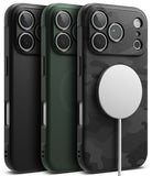 iPhone 17 Pro Max Case | Onyx Magnetic - Three iPhone cases in black, green, and camo with a magnetic charger attached.