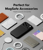 iPhone 17 Pro Max Case | Onyx Magnetic - Black phone case surrounded by various MagSafe wallets, rings, and chargers.