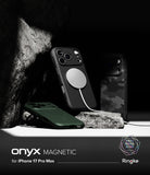 iPhone 17 Pro Max Case | Onyx Magnetic - Black and green magnetic phone cases displayed on rocks against a dark background.