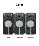 iPhone 17 Pro Max Case | Onyx Magnetic - Three phone cases in black, dark green, and camo black with magnetic chargers.