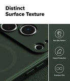 iPhone 17 Pro Max Case | Onyx Magnetic - Close-up of dark green textured phone case with icons for grip, impact, and TPU.