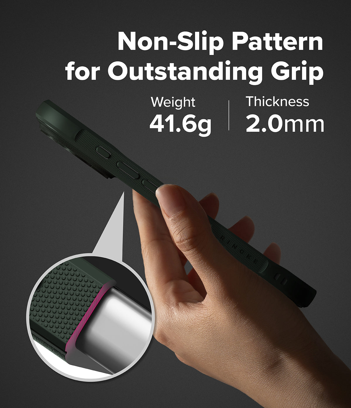 [Bundle] iPhone 17 Pro Max | Onyx Magnetic - iPhone 17 Pro Max | Onyx Magnetic - Hand holding phone case showing non-slip texture, 41.6g weight, and 2.0mm thickness.