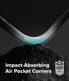 iPhone 17 Pro Max Case | Onyx Magnetic - Close-up of a phone case corner with an air pocket resting on a dark rock.