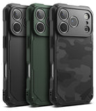 iPhone 17 Pro Max Case | Rugged Gear - Three rugged phone cases in black, green, and black camo, showing camera cutouts.