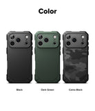 iPhone 17 Pro Max Case | Rugged Gear - Three rugged phone cases in black, dark green, and camo black arranged side-by-side.