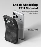 iPhone 17 Pro Max Case | Rugged Gear - Rugged black camouflage phone case beside a silver smartphone with text highlighting flexible TPU.
