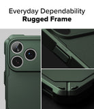 iPhone 17 Pro Max Case | Rugged Gear - Dark green protective phone case showing camera lenses and textured power button.