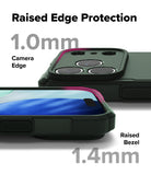 iPhone 17 Pro Max Case | Rugged Gear - Close-up showing 1.0mm raised camera edge and 1.4mm raised screen bezel protection.