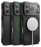 iPhone 17 Pro Max Case | Rugged Gear Magnetic - Three rugged phone cases in black, green, and carbon fiber with a MagSafe charger.