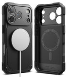 iPhone 17 Pro Max Case | Rugged Gear Magnetic - Black rugged phone case with magnetic charger attached and interior view.