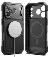 iPhone 17 Pro Max Case | Rugged Gear Magnetic - Black rugged phone case with magnetic charger attached and interior view.